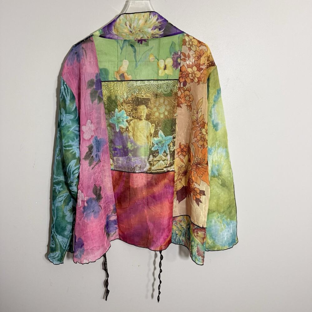 LEE ANDERSEN Tie Front Jacket Topper Cardigan Embroidered Art Kimono Semi Sheer - Picture 5 of 7